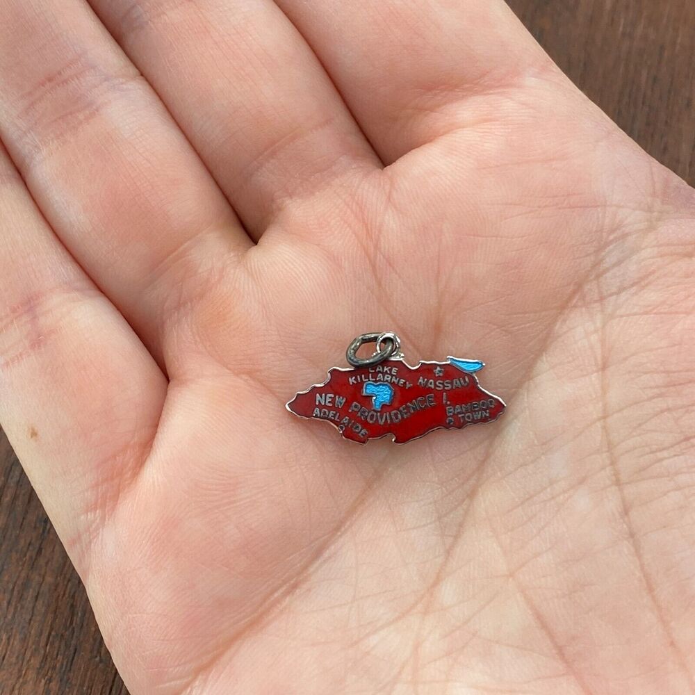 Vintage Wells 925 Sterling Silver Cloisonné "New Providence" Map Pendant Charm